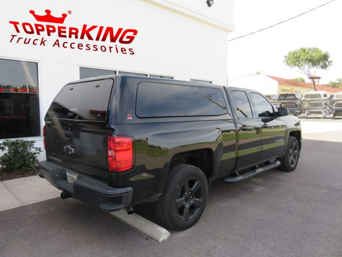 Chevy Silverado with LEER 100XQ fiberglass topper, Side Steps, Hitch, Tint. Call TopperKING Brandon FL 813-689-2449 or Clearwater 727-530-9066