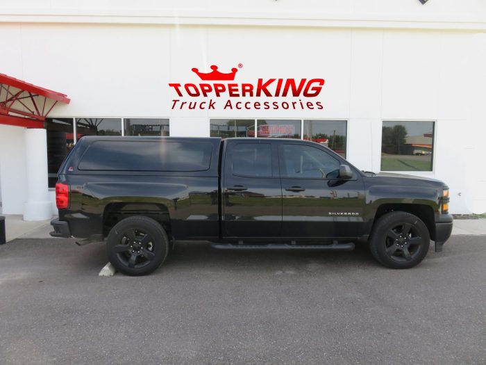 Chevy Silverado with LEER 100XQ fiberglass topper, Side Steps, Hitch, Tint. Call TopperKING Brandon FL 813-689-2449 or Clearwater 727-530-9066