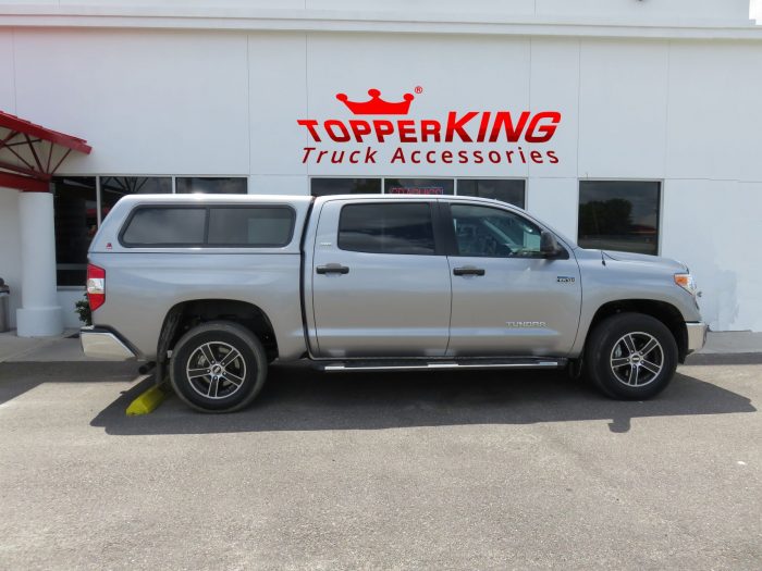 2015 Toyota Tundra with LEER 100XR Fiberglass Topper Nerf Bars, Hitch, Tint by TopperKING Brandon 813-689-2449 or Clearwater FL 727-530-9066.