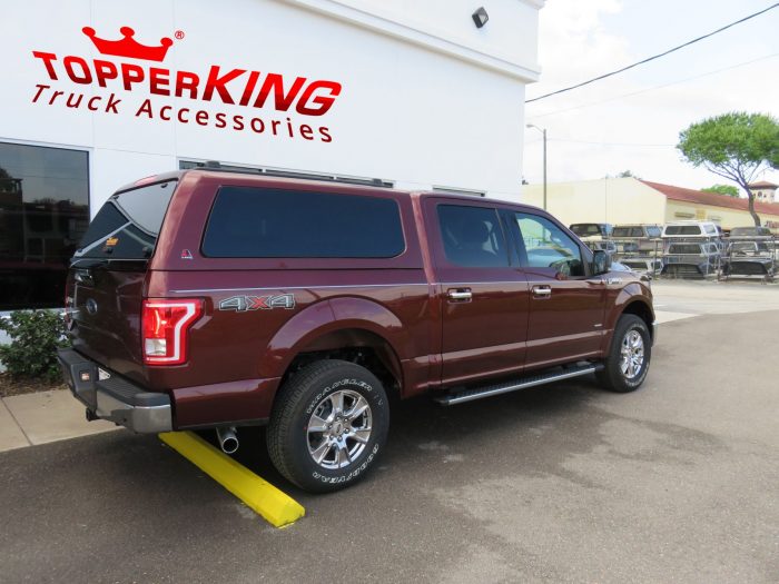 Ford F150 with LEER 100XQ Fiberglass Topper, Roof Racks, Bug Guard, Side Steps, Hitch. Call TopperKING in Brandon 813-689-2449 or Clearwater FL 727-530-9066