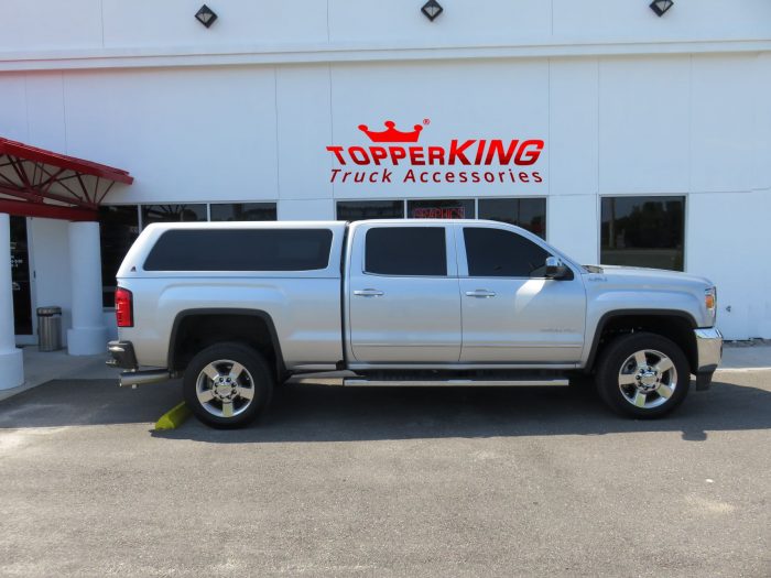 2016 GMC Sierra LEER 100XQ fiberglass topper, Go Rhino OE Xtreme Side Steps, Tint, Hitch. Call TopperKING in Brandon 813-689-2449 or Clearwater 727-530-9066