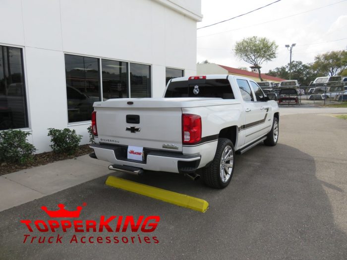 2017 Chevrolet Silverado with LEER 700 fiberglass tonneau, Hitch Step. Call TopperKING Brandon 813-689-2449 or Clearwater FL 727-530-9066.