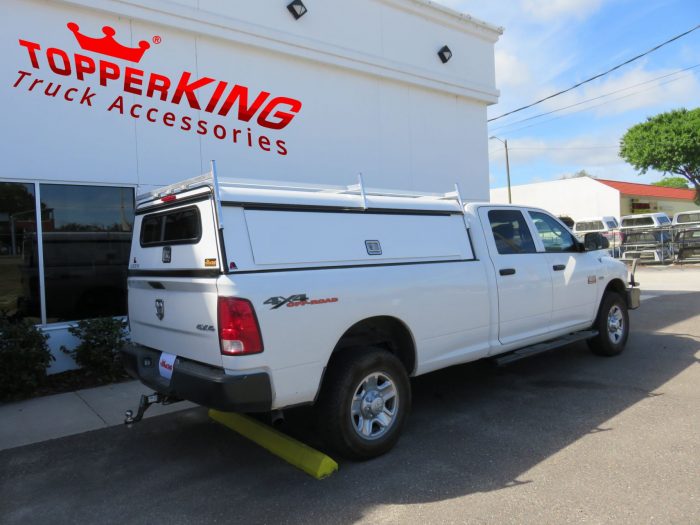 Dodge RAM with LEER DCC Commercial topper, Nerf Bars, Grill Guard, Roof Racks, Tint and Hitch by TopperKING in Brandon, FL 813-689-2449 Call today to start!