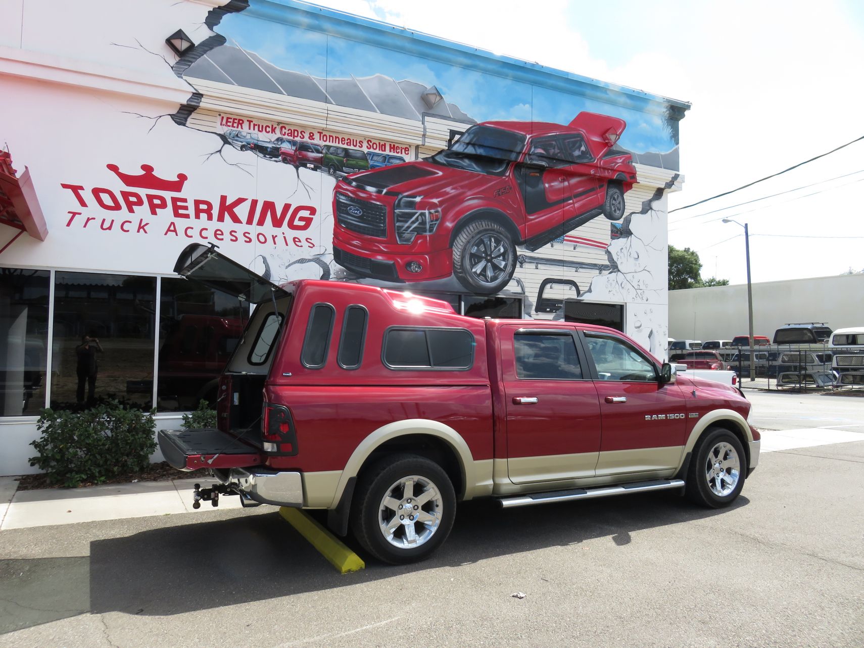 Dodge RAM with Ranch Supreme fiberglass topper, Vent Visors, Bug Guard, Tint by TopperKING in Brandon 813-689-2449 or Clearwater FL 727-530-9066. Call now!