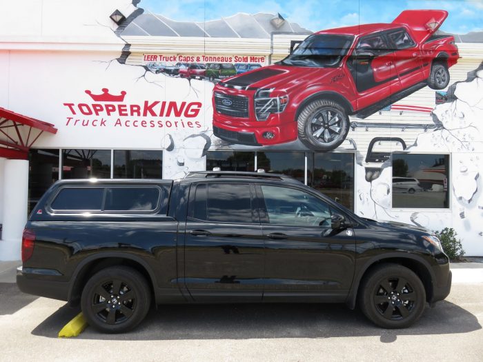 2017 Honda Ridgeline with LEER 100XR fiberglass topper, Roof Racks, Hitch, Tint by TopperKING in Brandon 813-689-2449 or Clearwater 727-530-9066. Call now!