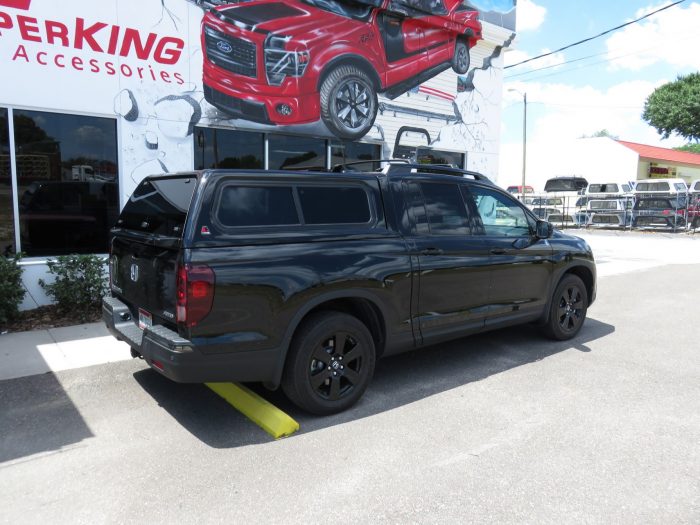 2017 Honda Ridgeline with LEER 100XR fiberglass topper, Roof Racks, Hitch, Tint by TopperKING in Brandon 813-689-2449 or Clearwater 727-530-9066. Call now!