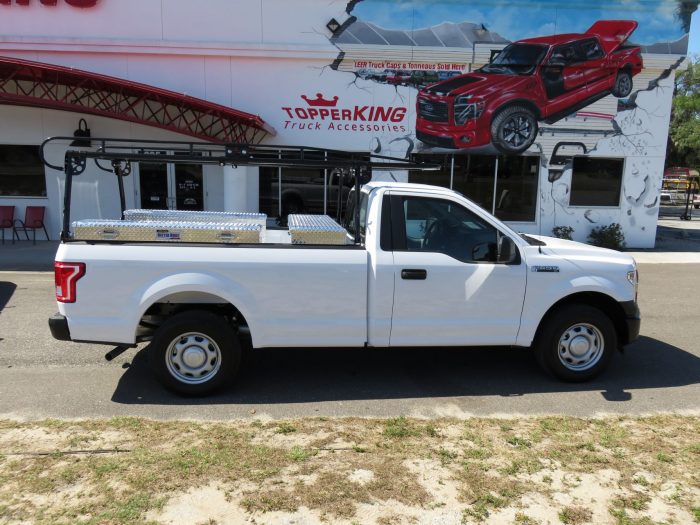 2017 Ford F150 with Commercial Ladder Rack, Aluminum Boxes, Hitch by TopperKING Brandon 813-689-2449 or Clearwater FL 727-530-9066. Call now!