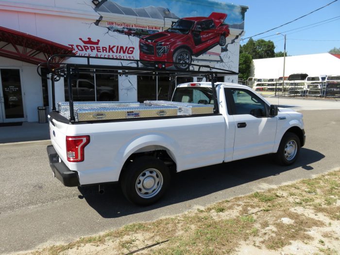 2017 Ford F150 with Commercial Ladder Rack, Aluminum Boxes, Hitch by TopperKING Brandon 813-689-2449 or Clearwater FL 727-530-9066. Call now!