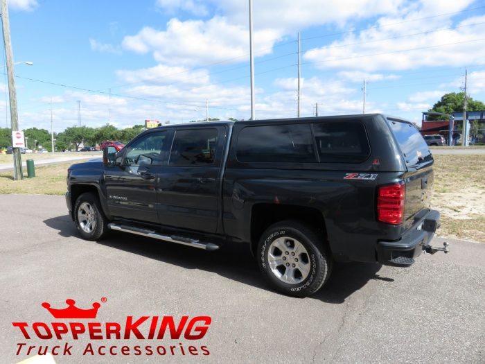 2017 Chevy Silverado with LEER 100XL fiberglass topper, Nerf Bars, Tint, Hitch by TopperKING Brandon 813-689-2449 or Clearwater FL 727-530-9066. Call today!
