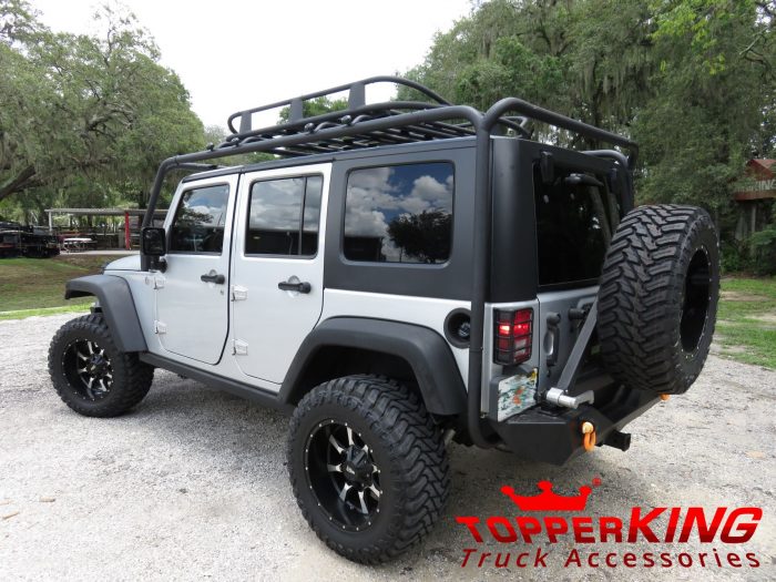 2015 Jeep Wrangler with Smittybilt Rack, Fender Flares, Hitch, Tint by TopperKING in Brandon, FL 813-689-2449 or Clearwater, FL 727-530-9066. Call today!