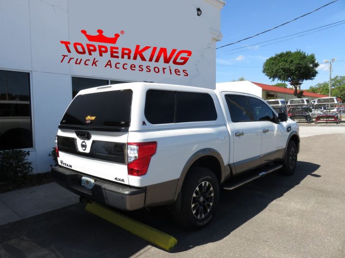 2017 Nissan Titan with LEER 100XL, Side Steps, Chrome Accessories, tint, Hitch by TopperKING Brandon 813-689-2449 or Clearwater FL 727-530-9066. Call today!