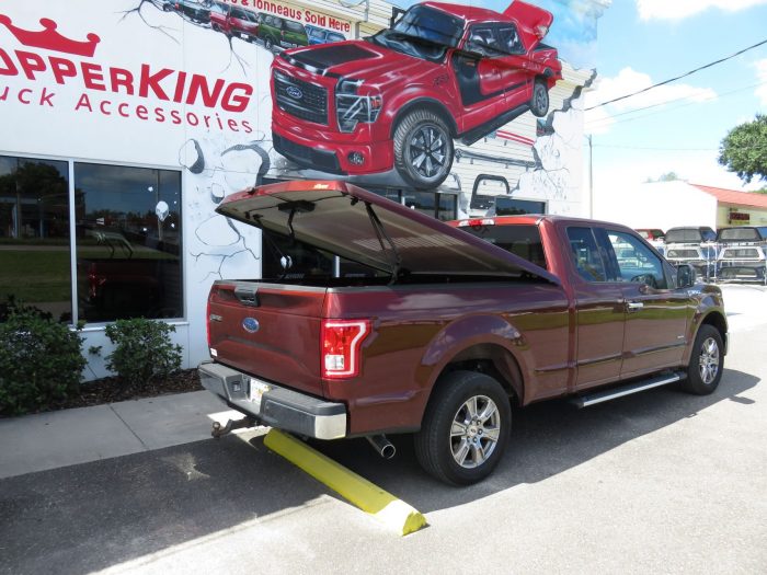 2015 Ford F150 with Leer 550 Fiberglass Tonneau, Running Boards, Chrome, Tint, Hitch. Call TopperKING Brandon 813-689-2449 or Clearwater FL 727-530-9066!