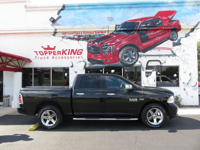 2018 Dodge RAM with LEER 700 Fiberglass Lid, Nerf Bars, Chrome, Hitch, Tint. Call TopperKING Brandon 813-689-2449 Clearwater FL 727-530-9066.