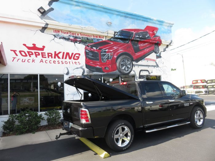 2018 Dodge RAM with LEER 700 Fiberglass Lid, Nerf Bars, Chrome, Hitch, Tint. Call TopperKING Brandon 813-689-2449 Clearwater FL 727-530-9066.