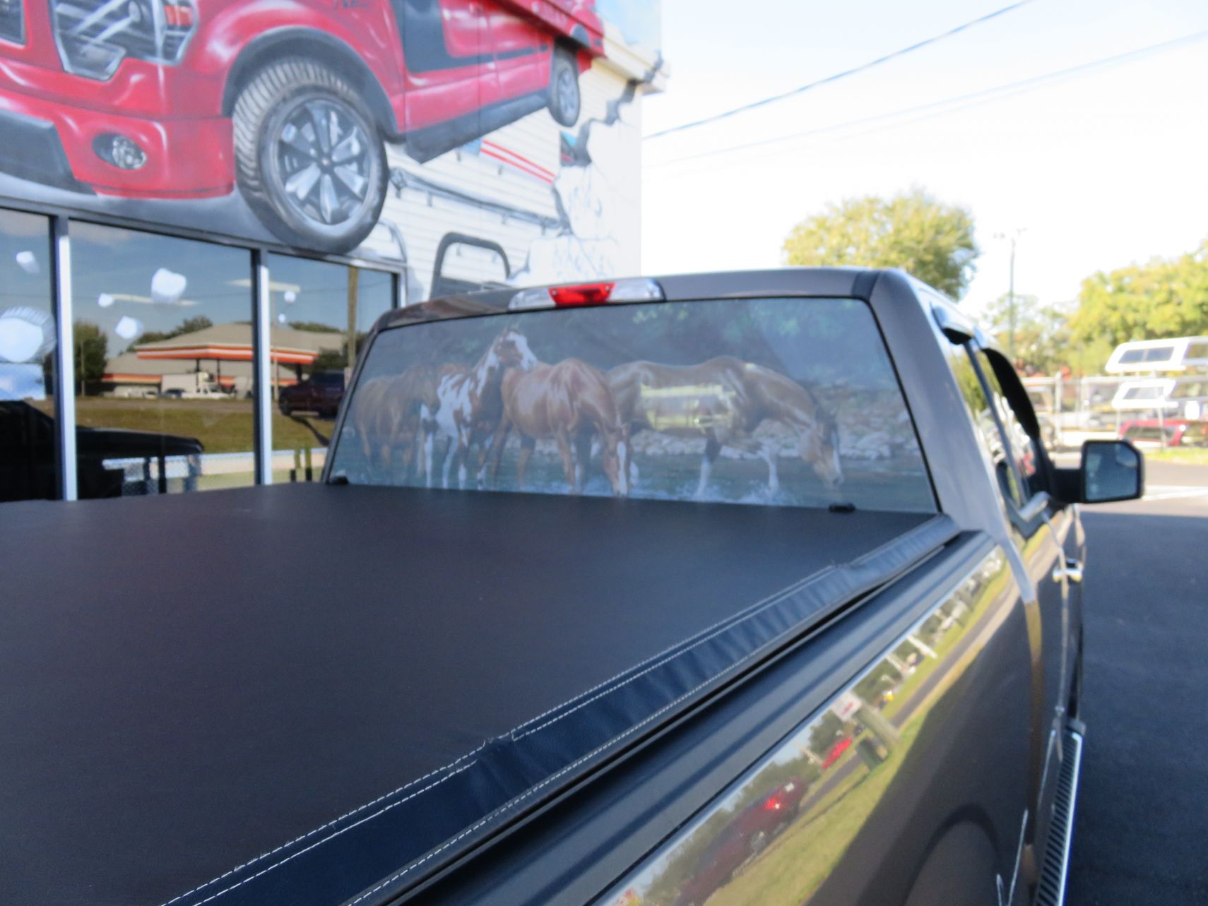 2018 Ford F150 with Window Graphic, Nerf Bars, Soft Tonneau, Chrome, Hitch. Call TopperKING Brandon 813-689-2449 or Clearwater FL 727-530-9066