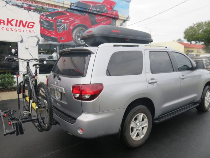 2018 Toyota Sequoia with Yakima Storage, Hitch, Bike Rack, Side Steps. Call TopperKING Brandon 813-689-2449 or Clearwater FL 727-530-9066.