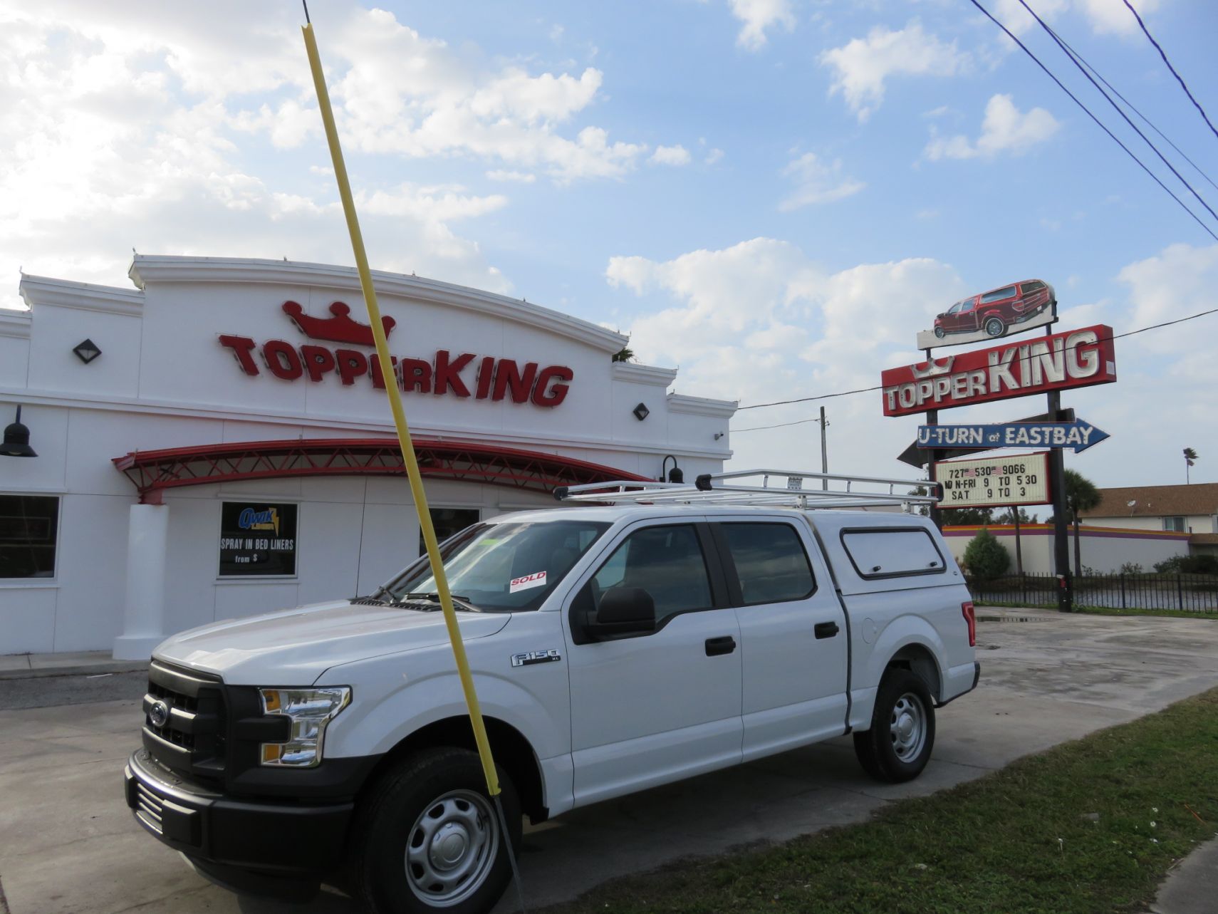 2015 Ford F150 Ranch Sierra Commercial Fiberglass Topper, Roof Racks, Hitch by TopperKING in Brandon FL 813-689-2449 or Clearwater 727-530-9066. Call today!