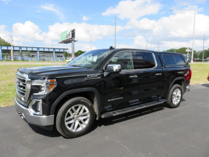 2019 GMC Sierra with LEER 100XR, Chrome, Nerf Bars, Bug Guard, Hitch, Tint. Call TopperKING Brandon 813-689-2449 Clearwater FL 727-530-9066.