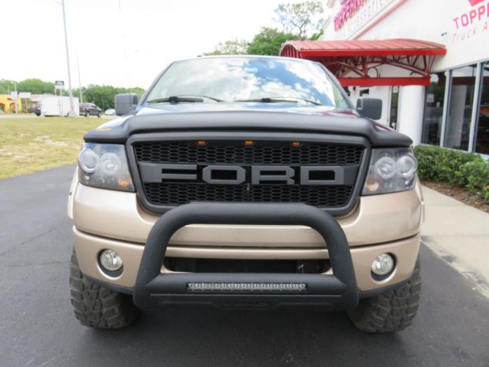 2005 Ford F150 with Blackout Bull Bars, Hood Guard, Drop Steps, Roll Bars. Call TopperKING Brandon 813-689-2449 or Clearwater FL 727-530-9066