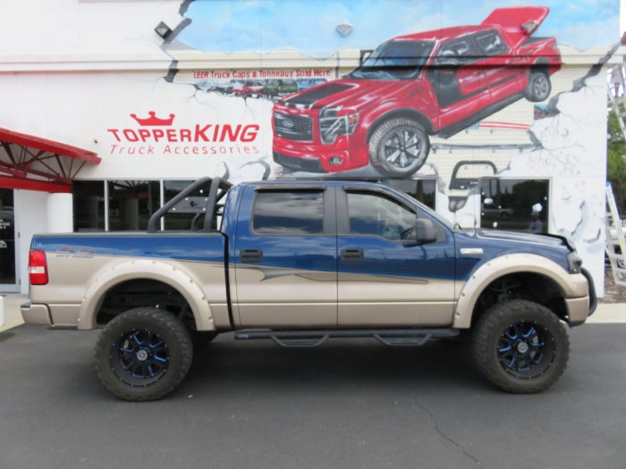 2005 Ford F150 with Blackout Bull Bars, Hood Guard, Drop Steps, Roll Bars. Call TopperKING Brandon 813-689-2449 or Clearwater FL 727-530-9066