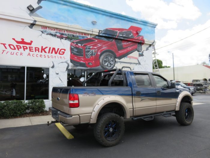 2005 Ford F150 with Blackout Bull Bars, Hood Guard, Drop Steps, Roll Bars. Call TopperKING Brandon 813-689-2449 or Clearwater FL 727-530-9066