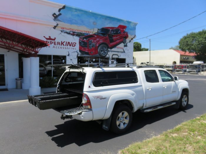 2014 Tacoma with LEER 100XR Decked, Nerf Bars, Roof Racks, Bug Guard, Hitch, Tint. TopperKING Brandon 813-689-2449 or Clearwater 727-530-9066