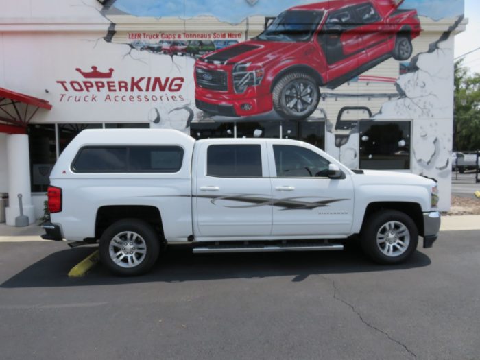 2018 Chevy Silverado with Leer 180, Custom Graphics, Nerf Bars, Bug Guard, Tint, Hitch. Call TopperKING in Brandon 813-689-2449 or Clearwater 727-530-9066!