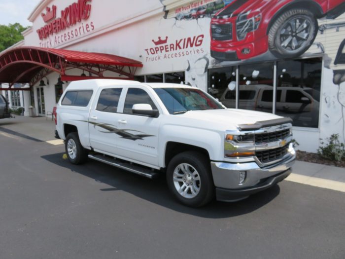 2018 Chevy Silverado with Leer 180, Custom Graphics, Nerf Bars, Bug Guard, Tint, Hitch. Call TopperKING in Brandon 813-689-2449 or Clearwater 727-530-9066!