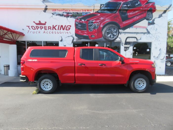 2019 Chevy Silverado with Ranch Echo Fiberglass Topper, Hitch, Tint by TopperKING in Brandon, FL 813-689-2449 or Clearwater, FL 727-530-9066. Call us today!