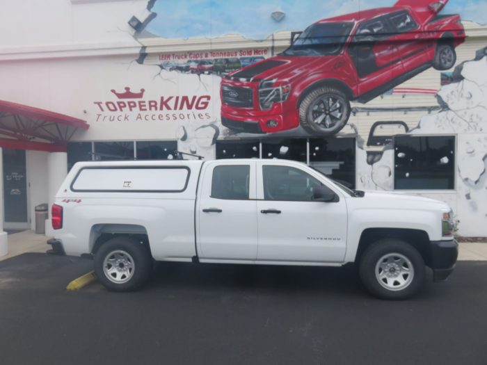 2018 Chevy Silverado with LEER 100RCC Commercial Fiberglass Topper, Roof Rack. Call TopperKING Brandon 813-689-2449 or Clearwater 727-530-9066