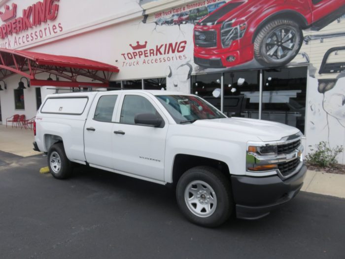 2018 Chevy Silverado with LEER 100RCC Commercial Fiberglass Topper, Roof Rack. Call TopperKING Brandon 813-689-2449 or Clearwater 727-530-9066