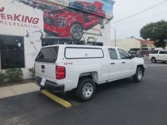 2018 Chevy Silverado with LEER 100RCC Commercial Fiberglass Topper, Roof Rack. Call TopperKING Brandon 813-689-2449 or Clearwater 727-530-9066