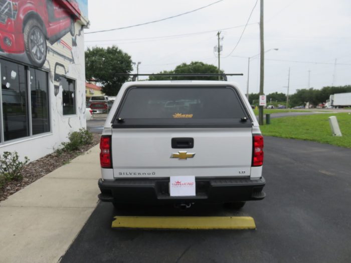 2018 Chevy Silverado with LEER 100RCC Commercial Fiberglass Topper, Roof Rack. Call TopperKING Brandon 813-689-2449 or Clearwater 727-530-9066