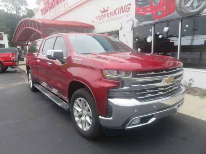 2019 Chevy Silverado with LEER 100XQ Fiberglass Topper, Nerf Bars, Chrome, Hitch, Tint. Call TopperKING in Brandon 813-689-2449 or Clearwater 727-530-9066!