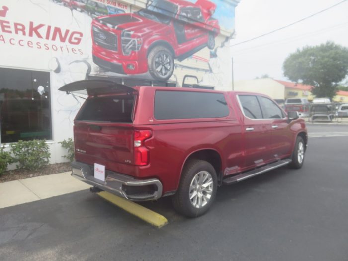 2019 Chevy Silverado with LEER 100XQ Fiberglass Topper, Nerf Bars, Chrome, Hitch, Tint. Call TopperKING in Brandon 813-689-2449 or Clearwater 727-530-9066!