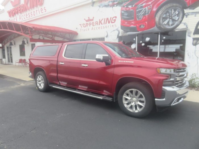 2019 Chevy Silverado with LEER 100XQ Fiberglass Topper, Nerf Bars, Chrome, Hitch, Tint. Call TopperKING in Brandon 813-689-2449 or Clearwater 727-530-9066!