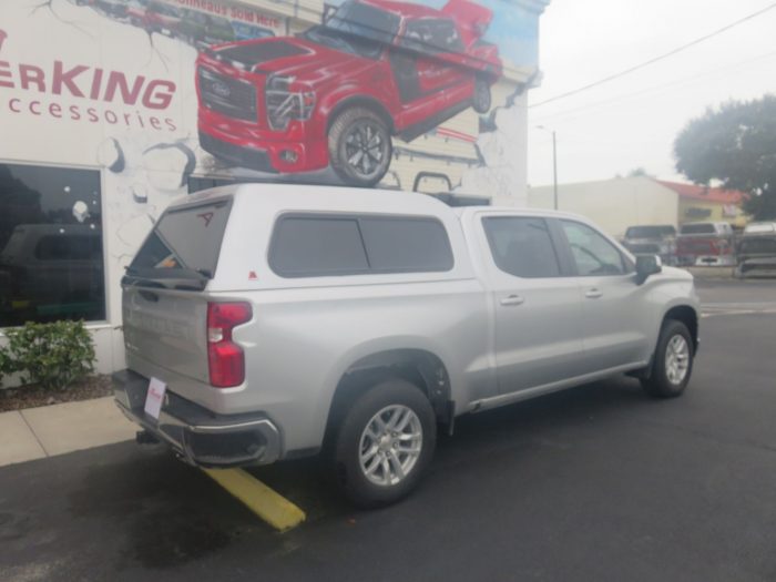 2019 Chevy Silverado with LEER 180 Fiberglass Topper, Hitch, and Tint by by TopperKING in Brandon FL 813-689-2449 or Clearwater FL 727-530-9066. Call today!