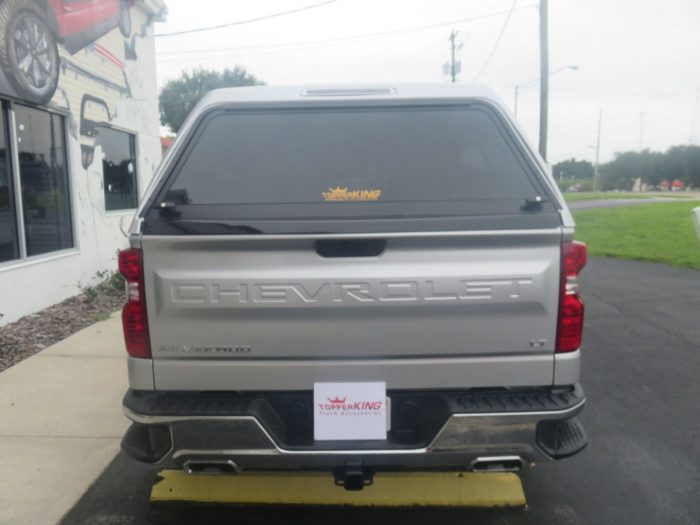 2019 Chevy Silverado with LEER 180 Fiberglass Topper, Hitch, and Tint by by TopperKING in Brandon FL 813-689-2449 or Clearwater FL 727-530-9066. Call today!