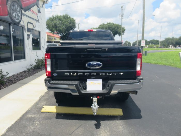 2019 Ford F250 with Adjustable Hitch, Bull Bars, Tool Box, Nerf Bars, Bug Guard, Tint. Call TopperKING Brandon 813-689-2449 or Clearwater FL 727-530-9066!