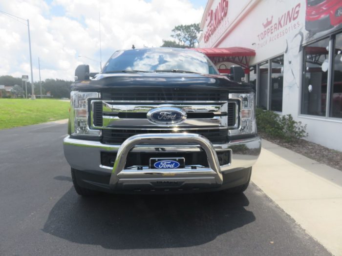 2019 Ford F250 with Adjustable Hitch, Bull Bars, Tool Box, Nerf Bars, Bug Guard, Tint. Call TopperKING Brandon 813-689-2449 or Clearwater FL 727-530-9066!