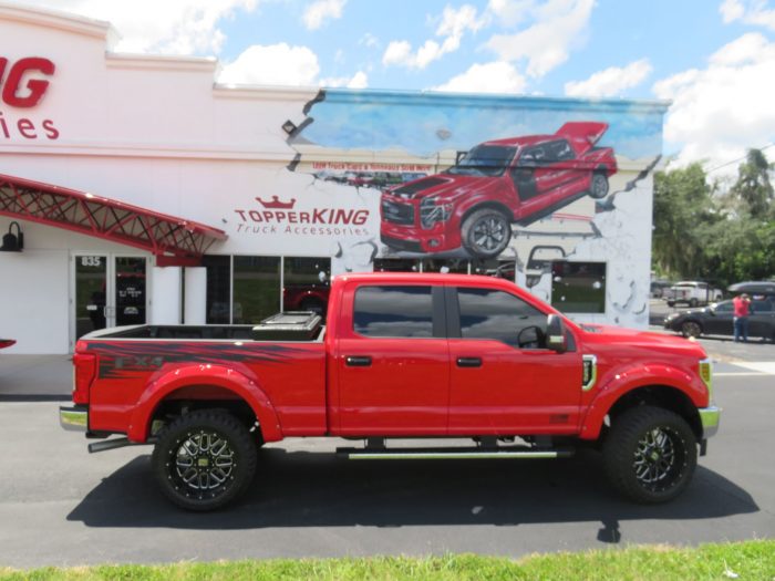 2019 Ford F250 with Fender Flares, Tool Box, Nerf Bars, Graphics, Bedliner, Hitch, Tint. Call TopperKING Brandon 813-689-2449 or Clearwater FL 727-530-9066!