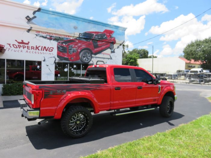 2019 Ford F250 with Fender Flares, Tool Box, Nerf Bars, Graphics, Bedliner, Hitch, Tint. Call TopperKING Brandon 813-689-2449 or Clearwater FL 727-530-9066!