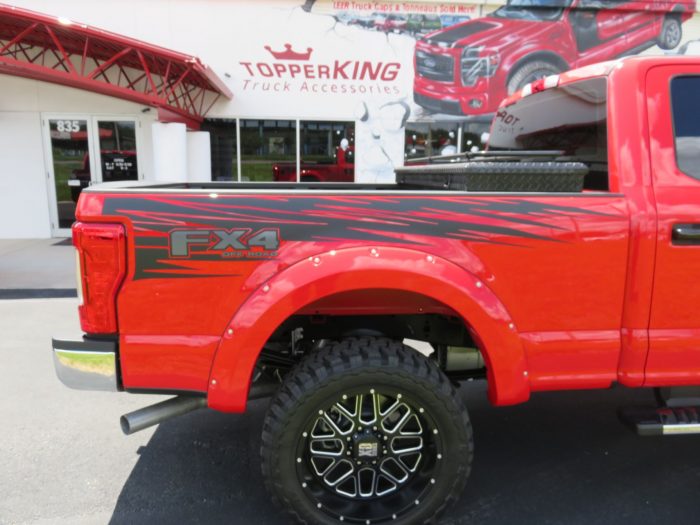 2019 Ford F250 with Fender Flares, Tool Box, Nerf Bars, Graphics, Bedliner, Hitch, Tint. Call TopperKING Brandon 813-689-2449 or Clearwater FL 727-530-9066!