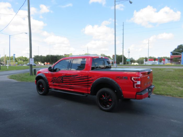 2019 Ford F150 with LEER 350M Custom Graphics, Fender Flares, Nerf Bars by TopperKING in Brandon, FL 813-689-2449 or Clearwater, FL 727-530-9066. Call now!