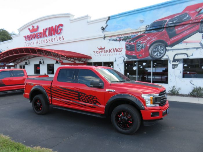 2019 Ford F150 with LEER 350M Custom Graphics, Fender Flares, Nerf Bars by TopperKING in Brandon, FL 813-689-2449 or Clearwater, FL 727-530-9066. Call now!