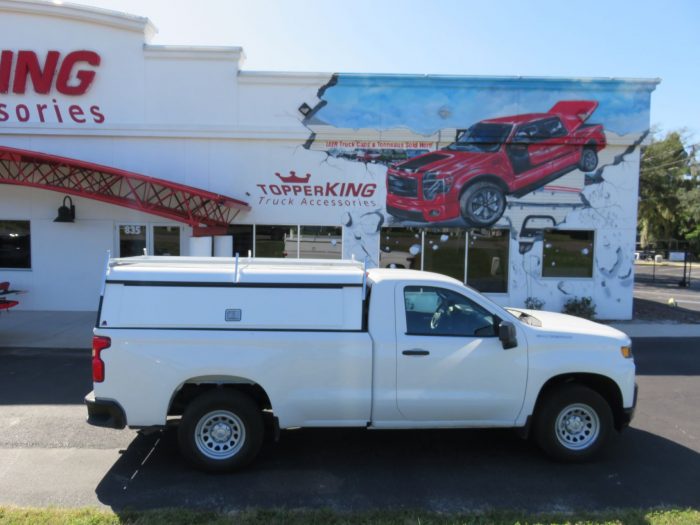 2020 Chevy Silverado with LEER DCC Construction topper, Hitch, Roof Racks installed by TopperKING Brandon 813-689-2449 or Clearwater 727-530-9066. Call now!