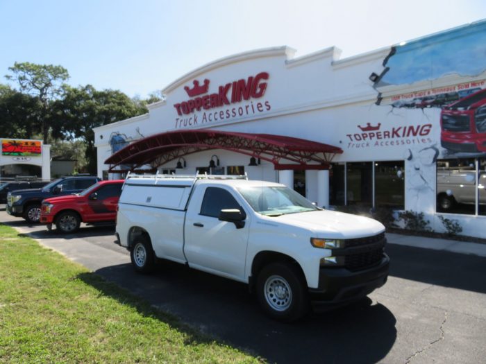 2020 Chevy Silverado with LEER DCC Construction topper, Hitch, Roof Racks installed by TopperKING Brandon 813-689-2449 or Clearwater 727-530-9066. Call now!