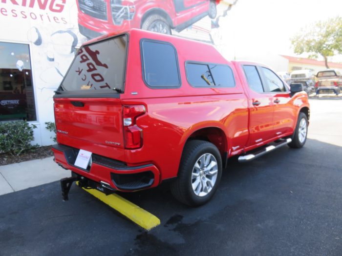 2020 Chevy Silverado with Ranch XD Fiberglass Topper, Nerf Bars, Tint, Hitch by TopperKING in Brandon 813-689-2449 or Clearwater, FL 727-530-9066. Call Now!