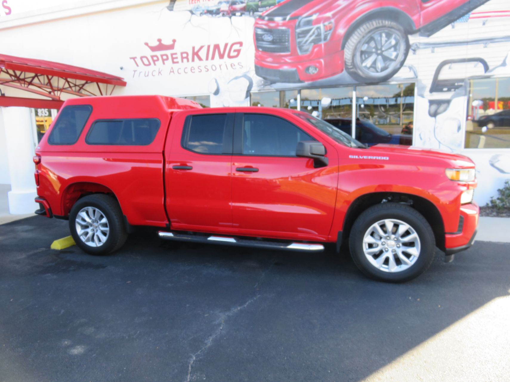 2020 Chevy Silverado with Ranch XD Fiberglass Topper, Nerf Bars, Tint, Hitch by TopperKING in Brandon 813-689-2449 or Clearwater, FL 727-530-9066. Call Now!