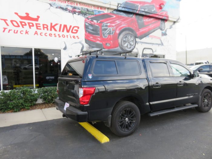 2019 Titan with TK Defender Fiberglass Topper, Roof Rack, Nerf Bar, Vent Visor, Tint, Hitch. Call TopperKING Brandon 813-689-2449 or Clearwater 727-530-9066